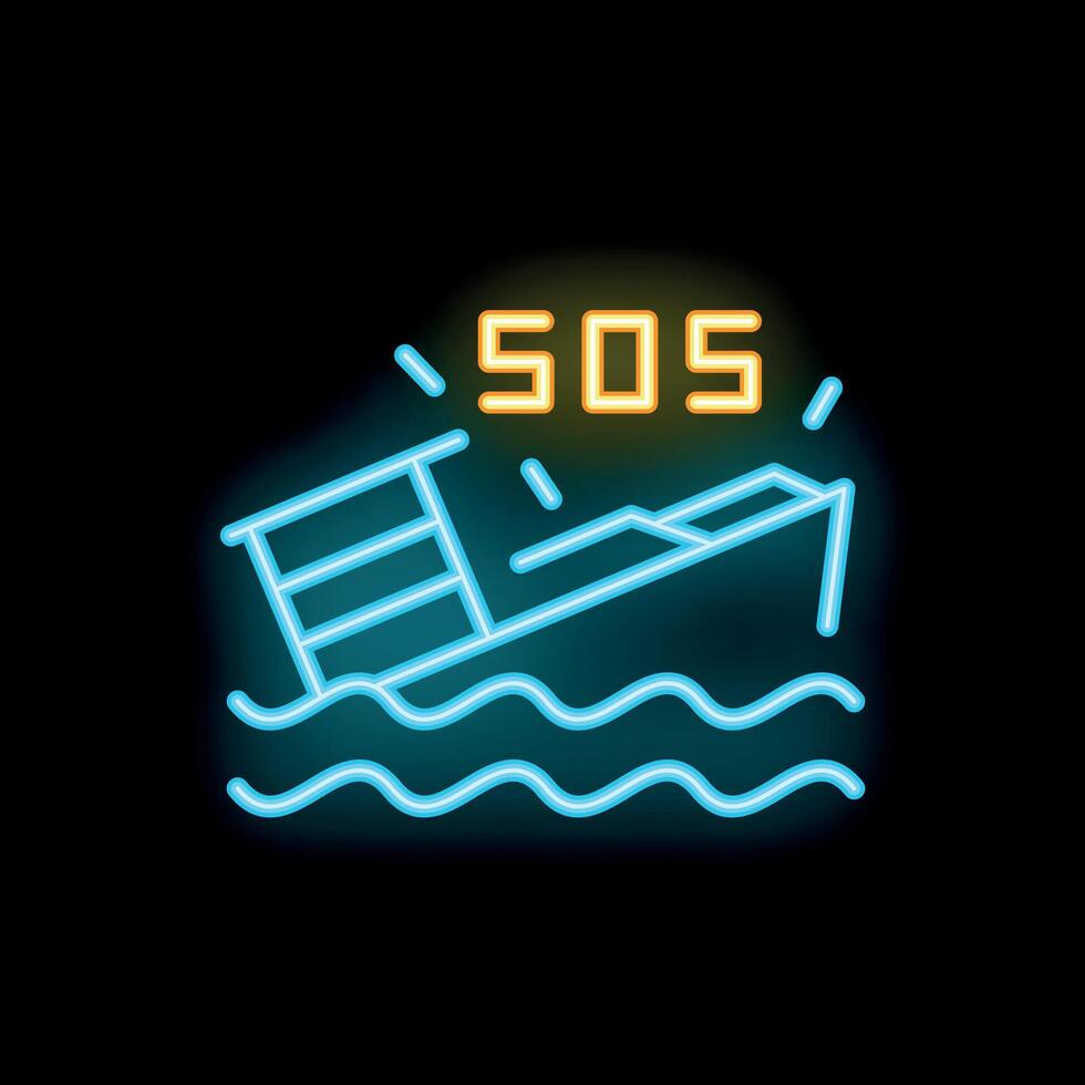 Neon sign of sinking ship sending sos signal vector