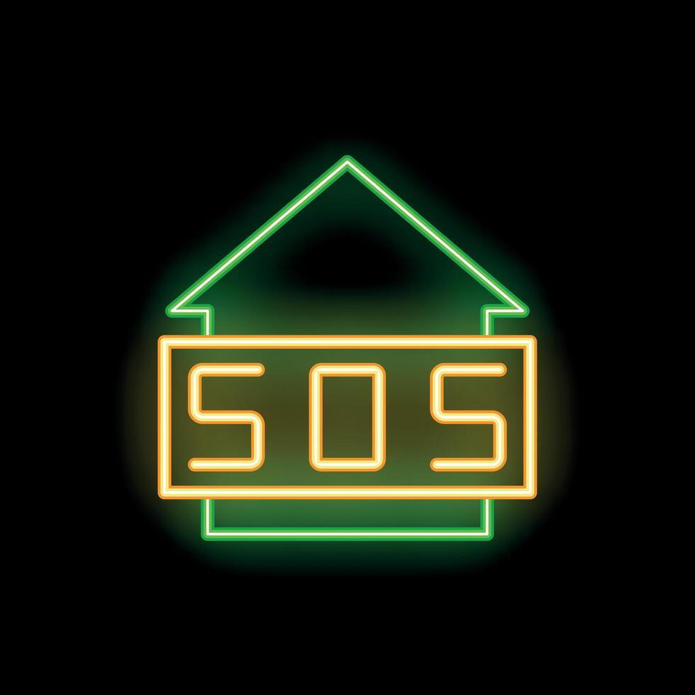 Neon sos sign over house shape on black background vector
