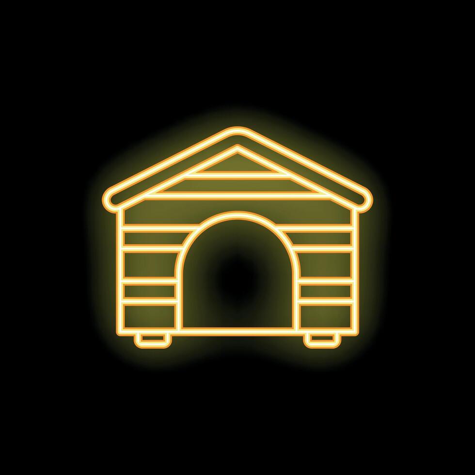 Yellow neon icon of wooden doghouse glowing on black background vector
