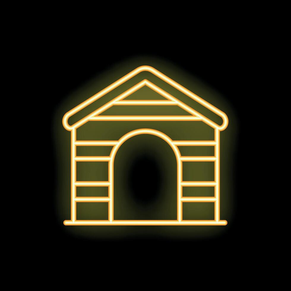 Yellow neon sign icon of wooden doghouse glowing on black background vector