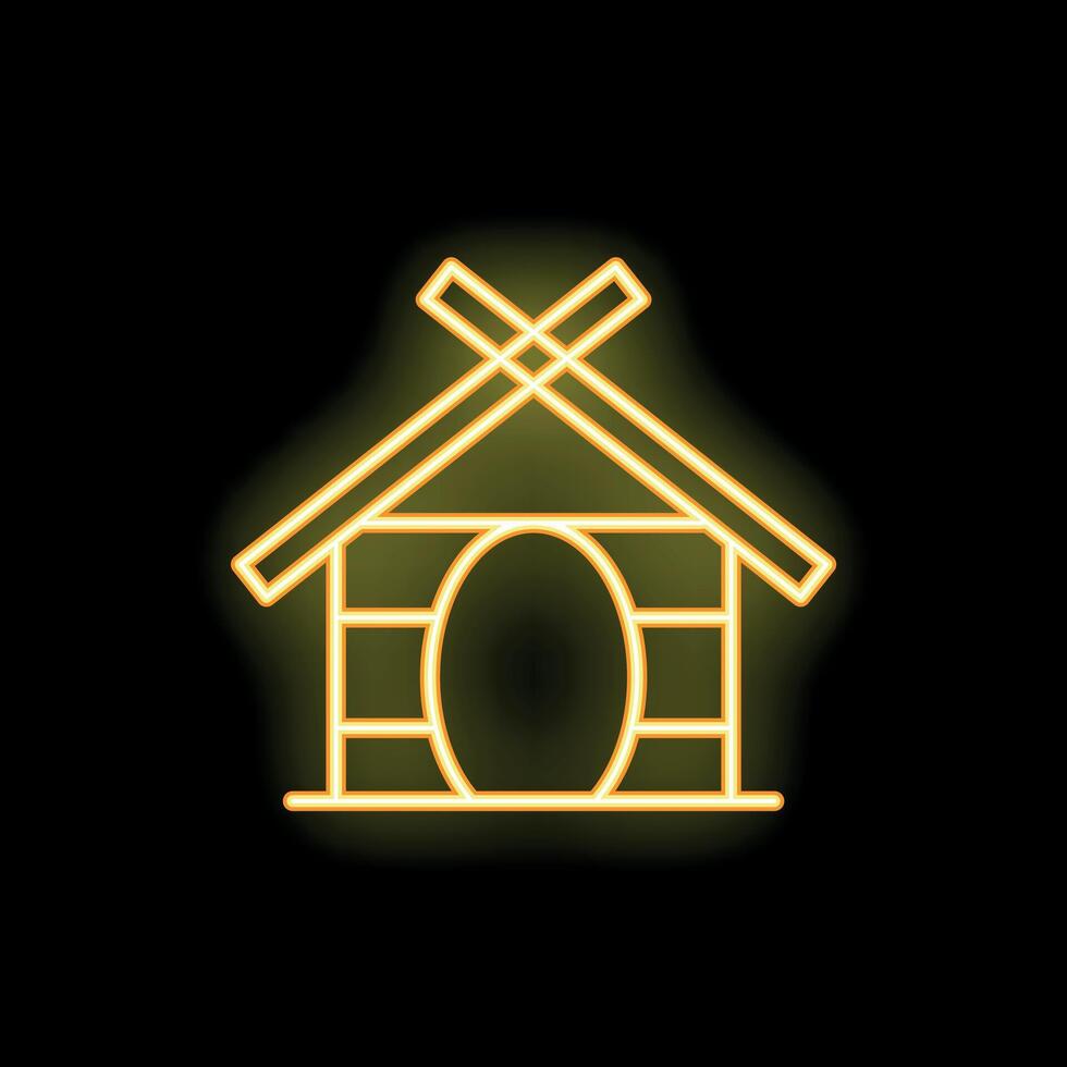 Neon sign of simple wooden house glowing on black background vector