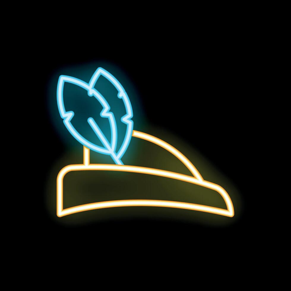 Neon sign of a robin hood hat with feathers glowing brightly vector