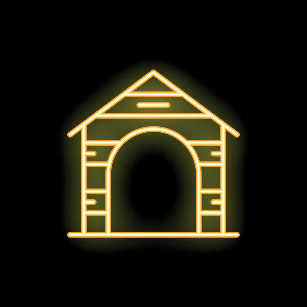 Yellow neon icon of wooden doghouse glowing on black background vector