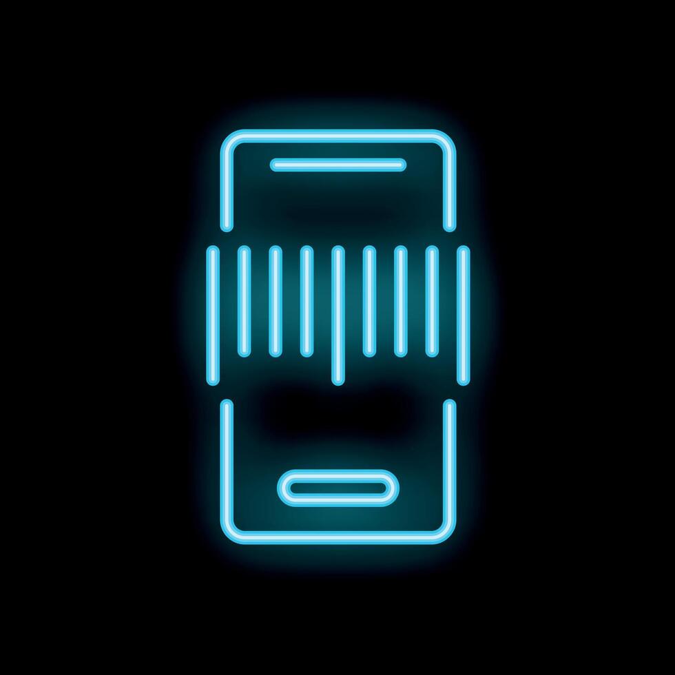 Neon icon of smartphone scanning barcode on black background vector