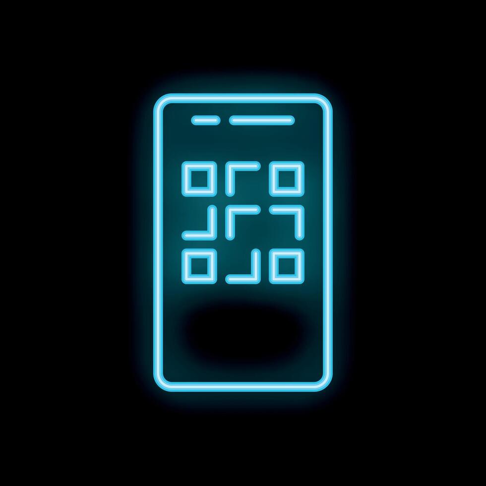 Neon blue smartphone showing qr code on black background vector