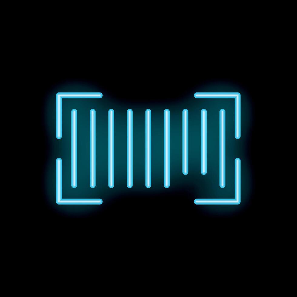 Blue neon barcode scanner reading lines icon on black background vector