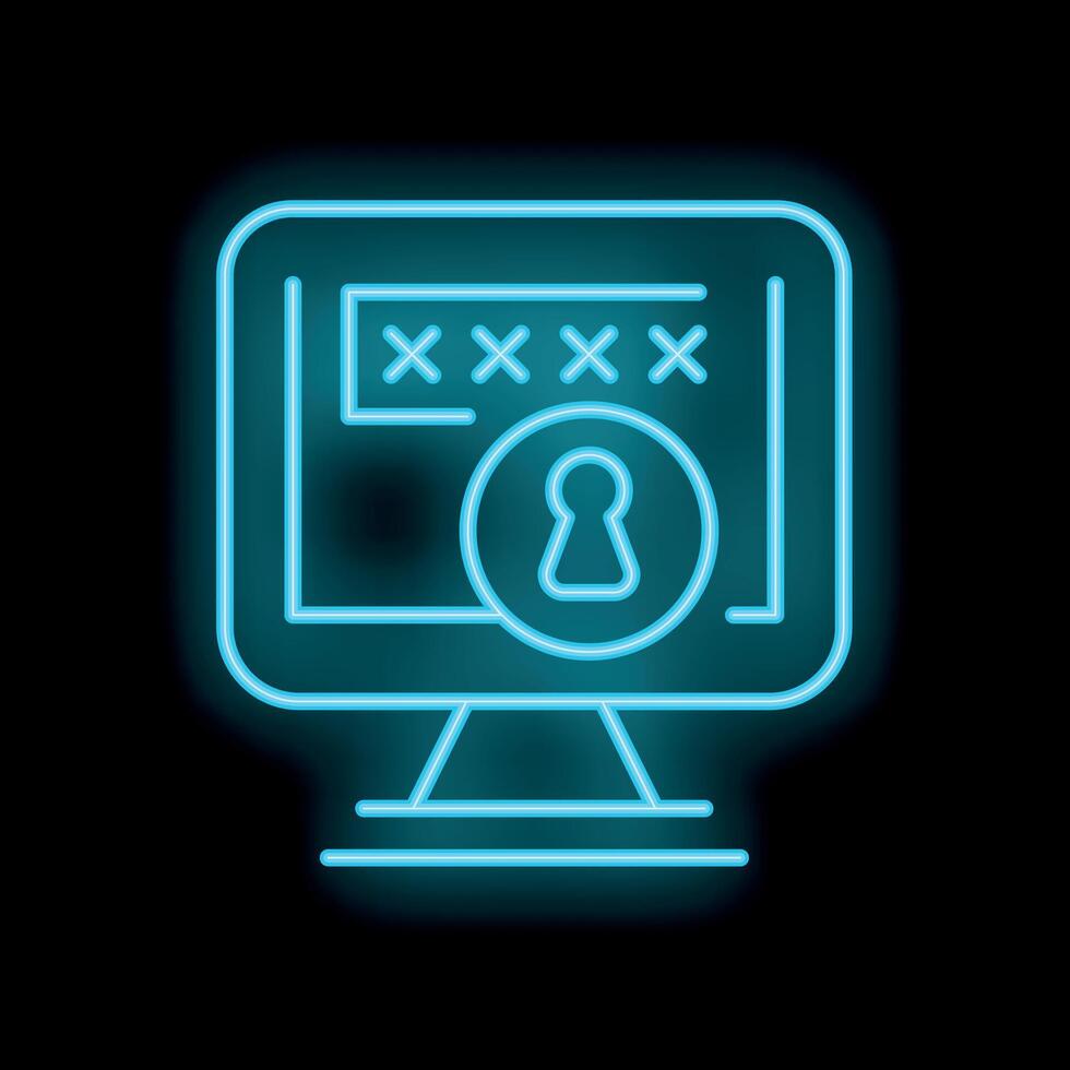 Neon computer icon displaying password protection with keyhole symbol vector