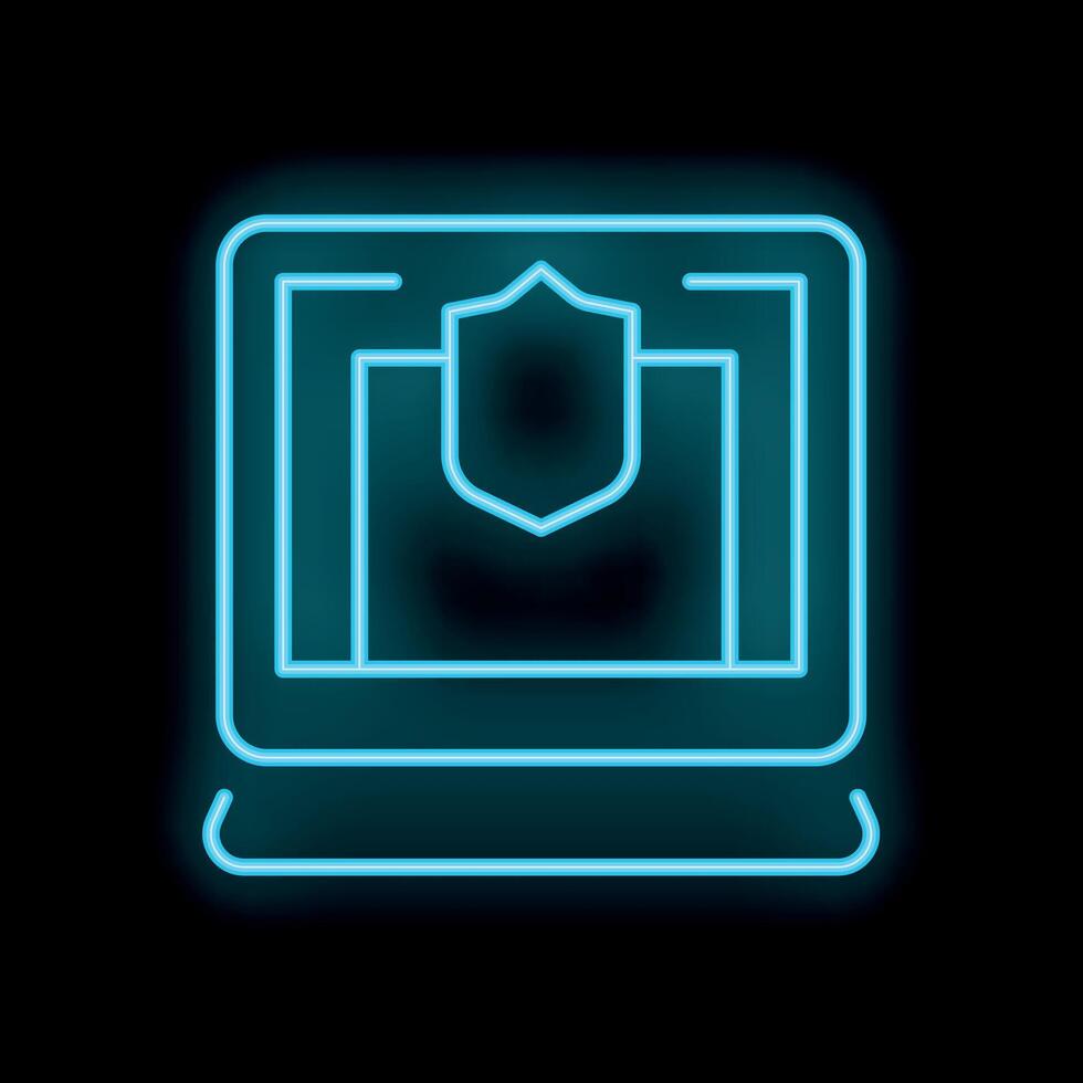Neon blue glowing icon of a laptop showing concept of cybersecurity vector