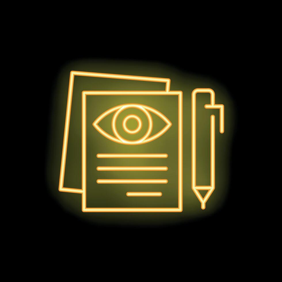 Neon icon of eye on document with pen representing witness statement vector