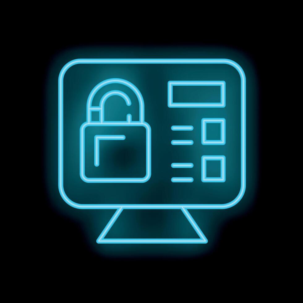 Neon icon of computer displaying closed padlock for secure login vector