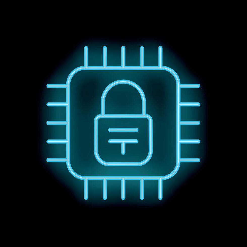 Neon cyber security icon showing microchip with padlock vector