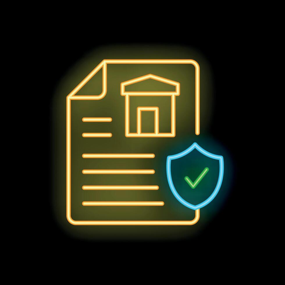 Neon icon of home insurance contract with check mark shield symbol vector