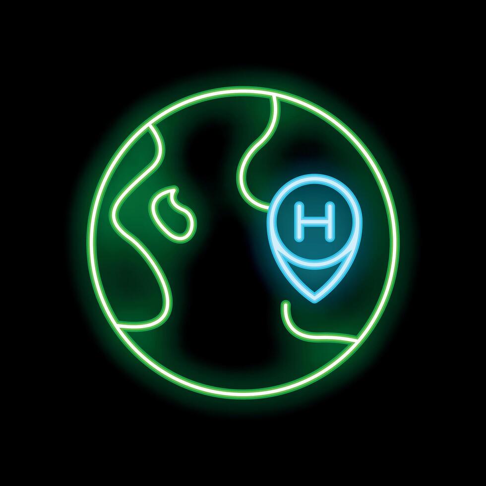 Neon green world globe with glowing blue hospital location pin icon vector
