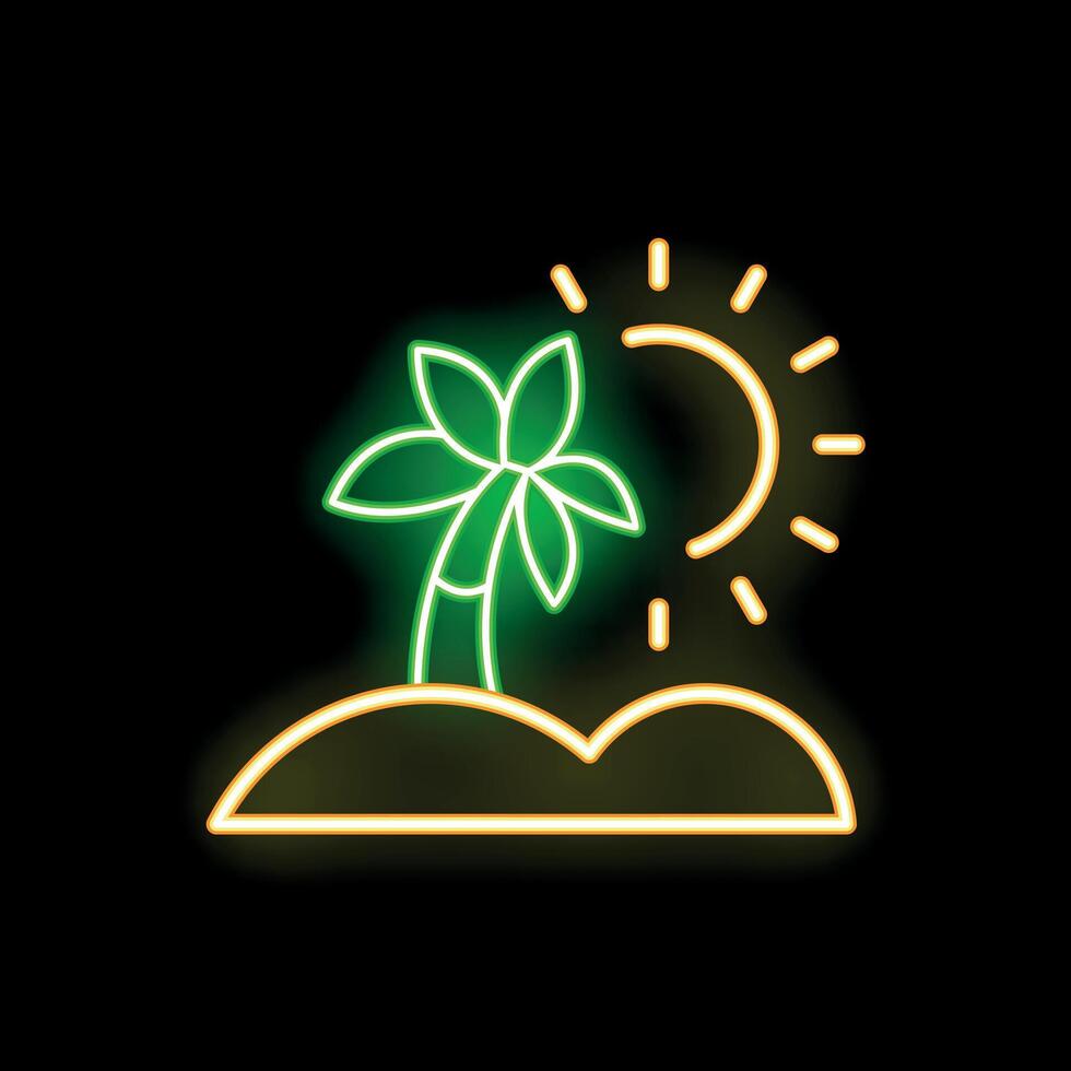Neon sign illuminating a tropical island with a palm tree at sunset vector