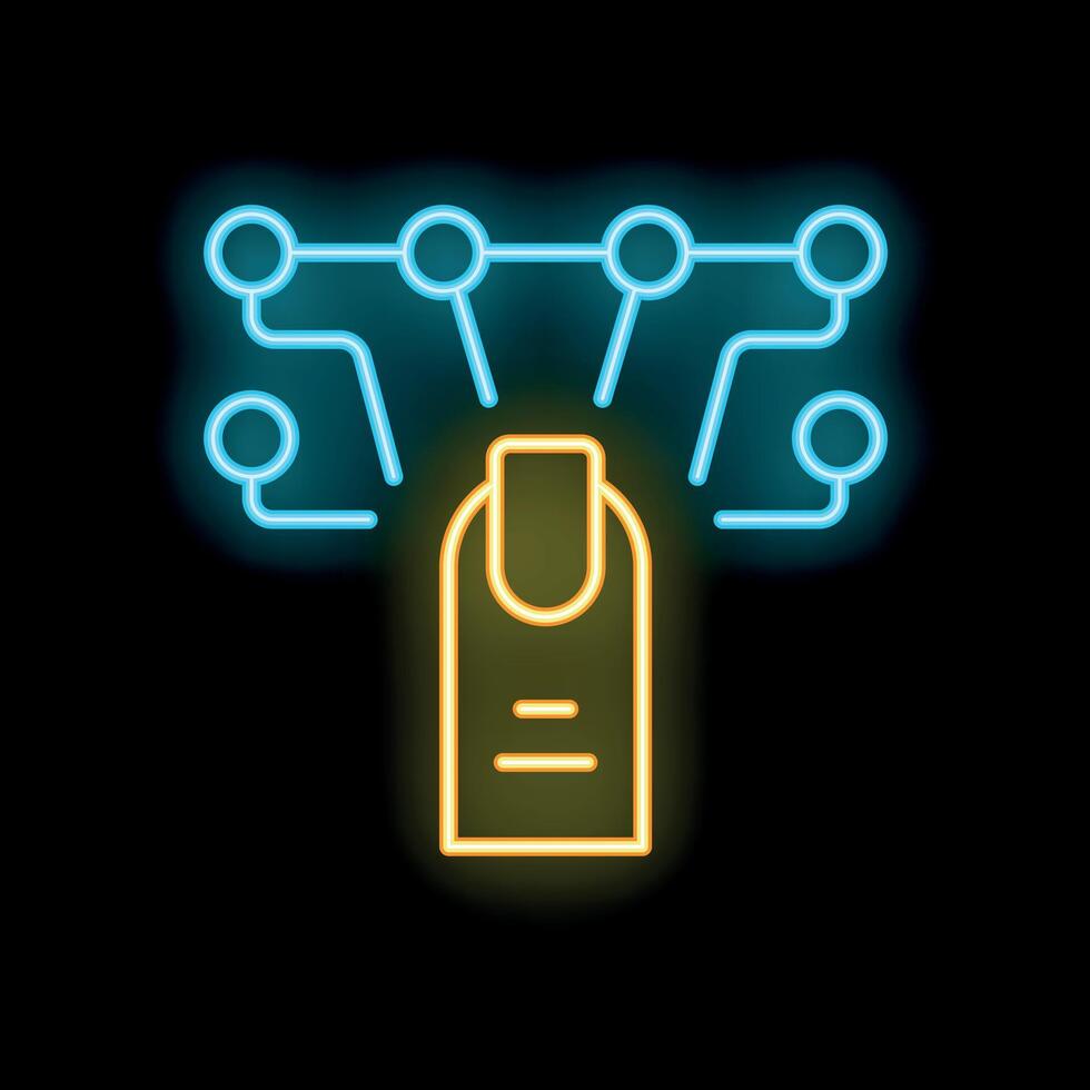 Neon icon of finger touching digital network symbolising user interface vector