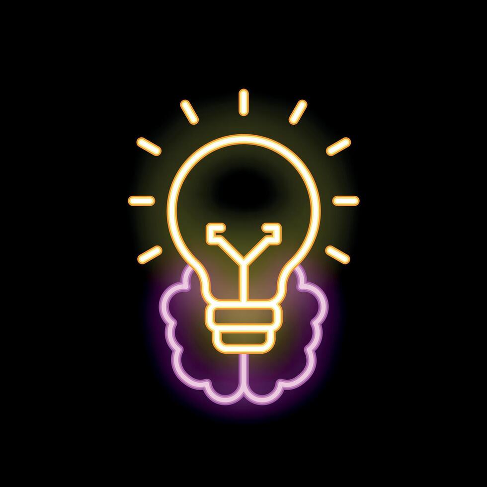 Neon sign representing a glowing light bulb emerging from a brain symbolizing ideas vector