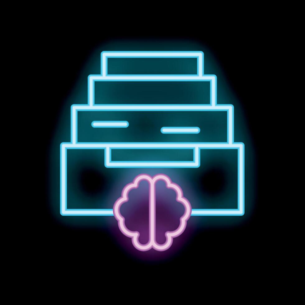 Neon icon of brain working and processing files in folders vector