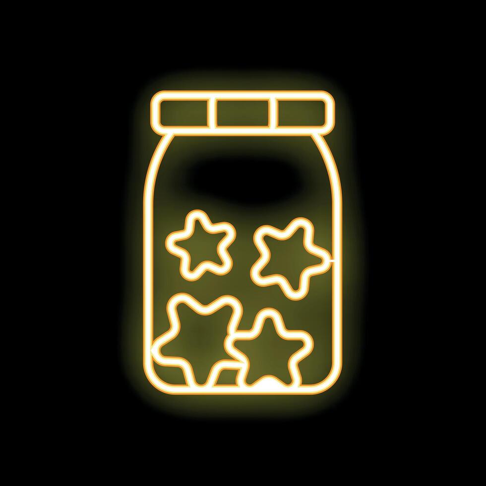 Neon yellow jar glowing with stars inside on dark background vector