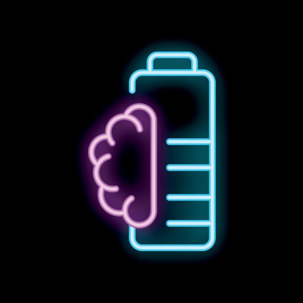 Neon brain charging with battery icon on black background vector