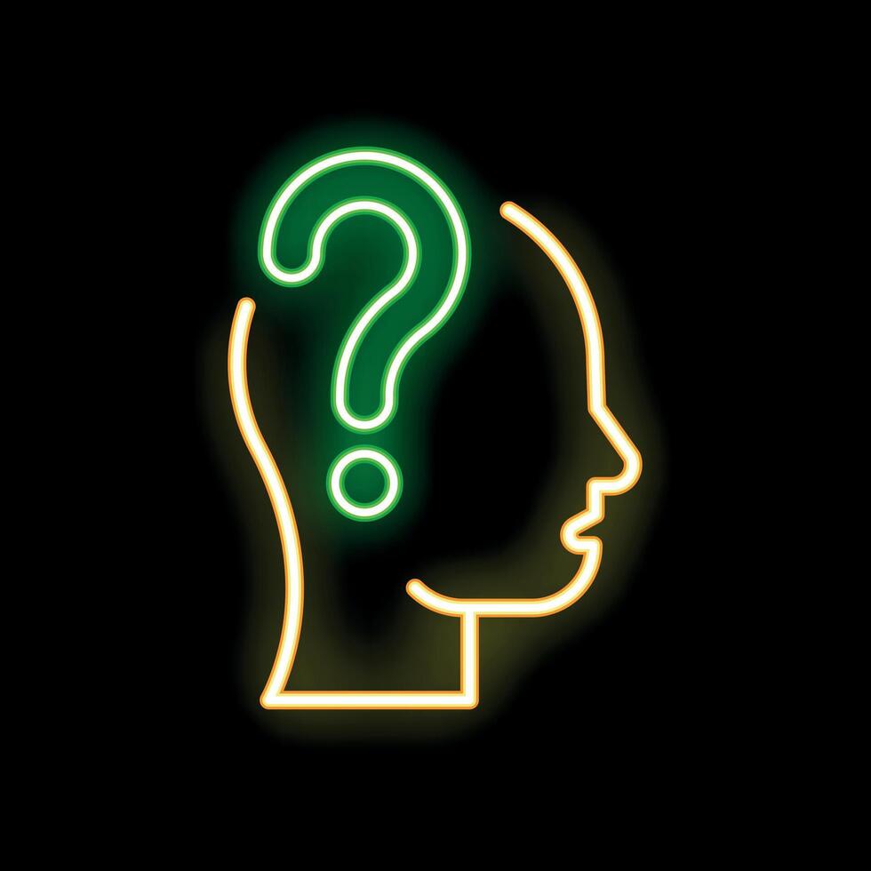 Neon style question mark glowing over human head profile silhouette vector
