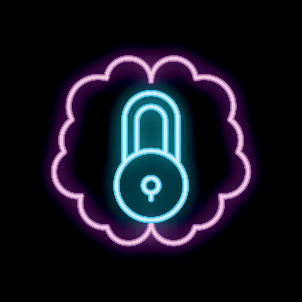 Neon padlock inside brain representing cybersecurity concept vector