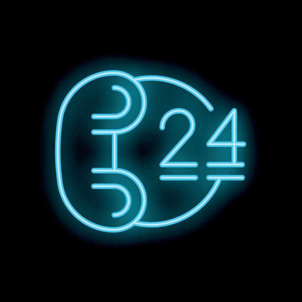 Neon blue 24 hours 7 days a week icon glowing on black background vector