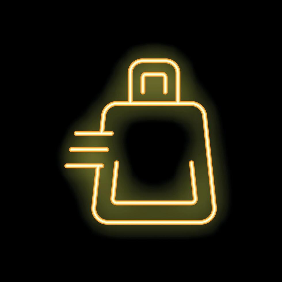 Yellow neon sign showing a shopping bag with motion lines on black background vector