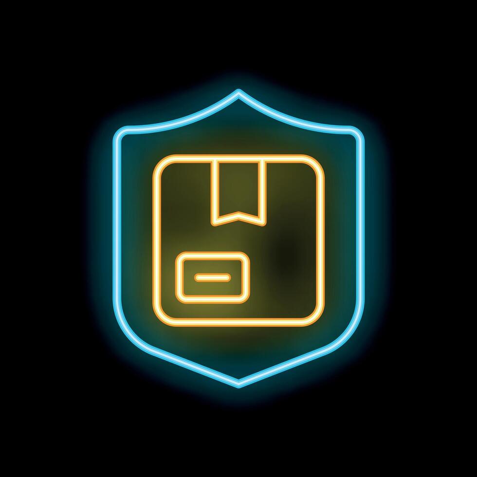 Neon sign representing secure delivery with cardboard box inside shield vector