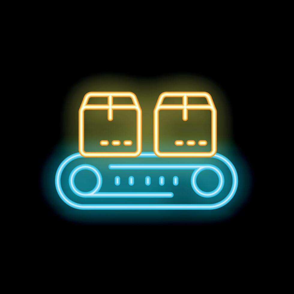 Neon sign of cardboard boxes moving on conveyor belt vector