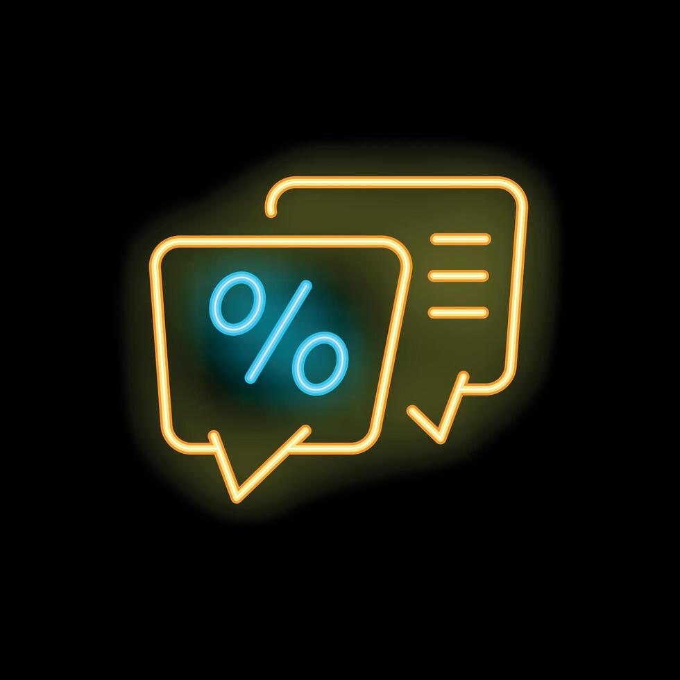 Neon icons representing chat bubbles discussing interest rate, percentage, and financial topics vector