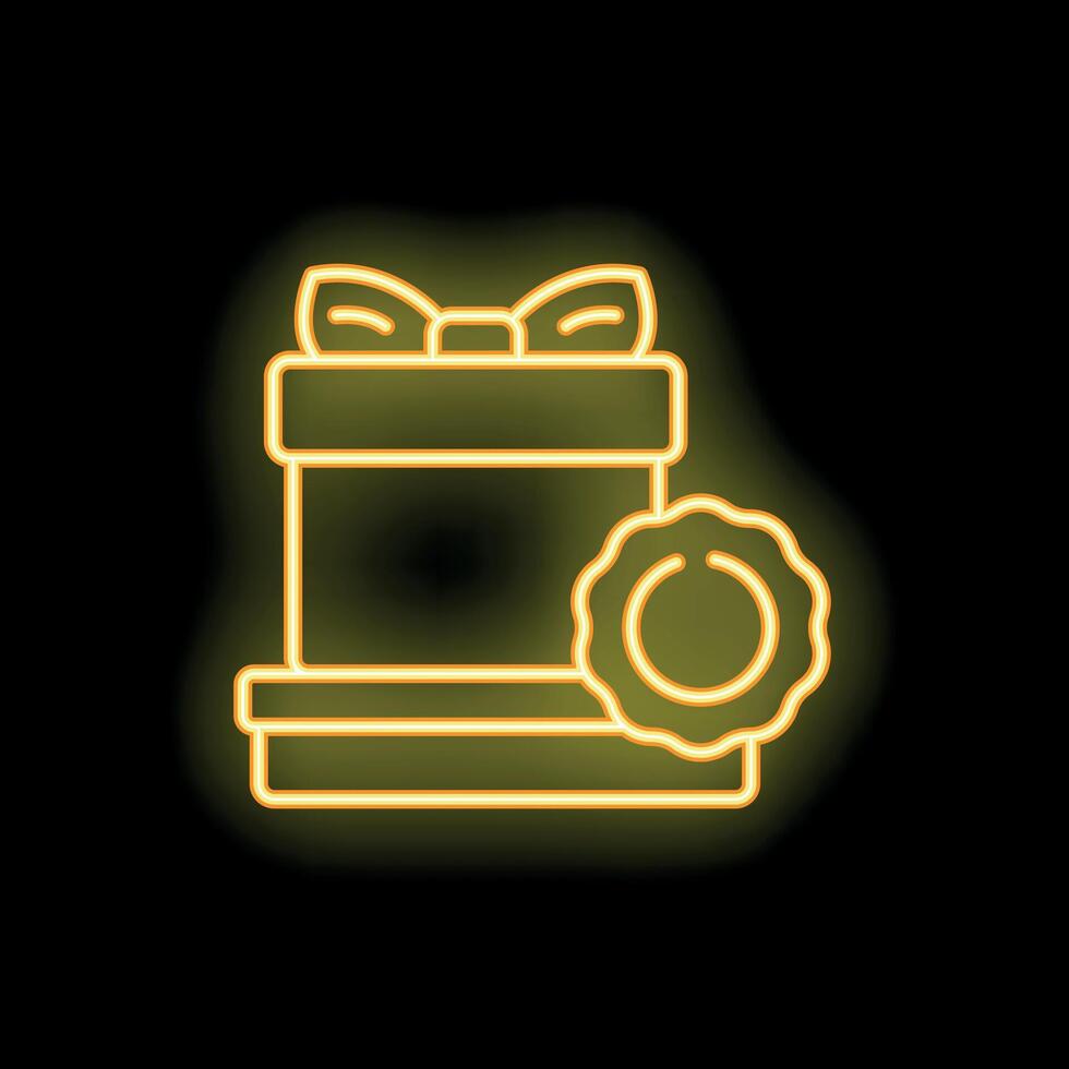Neon gift box shining with guarantee emblem on black background vector