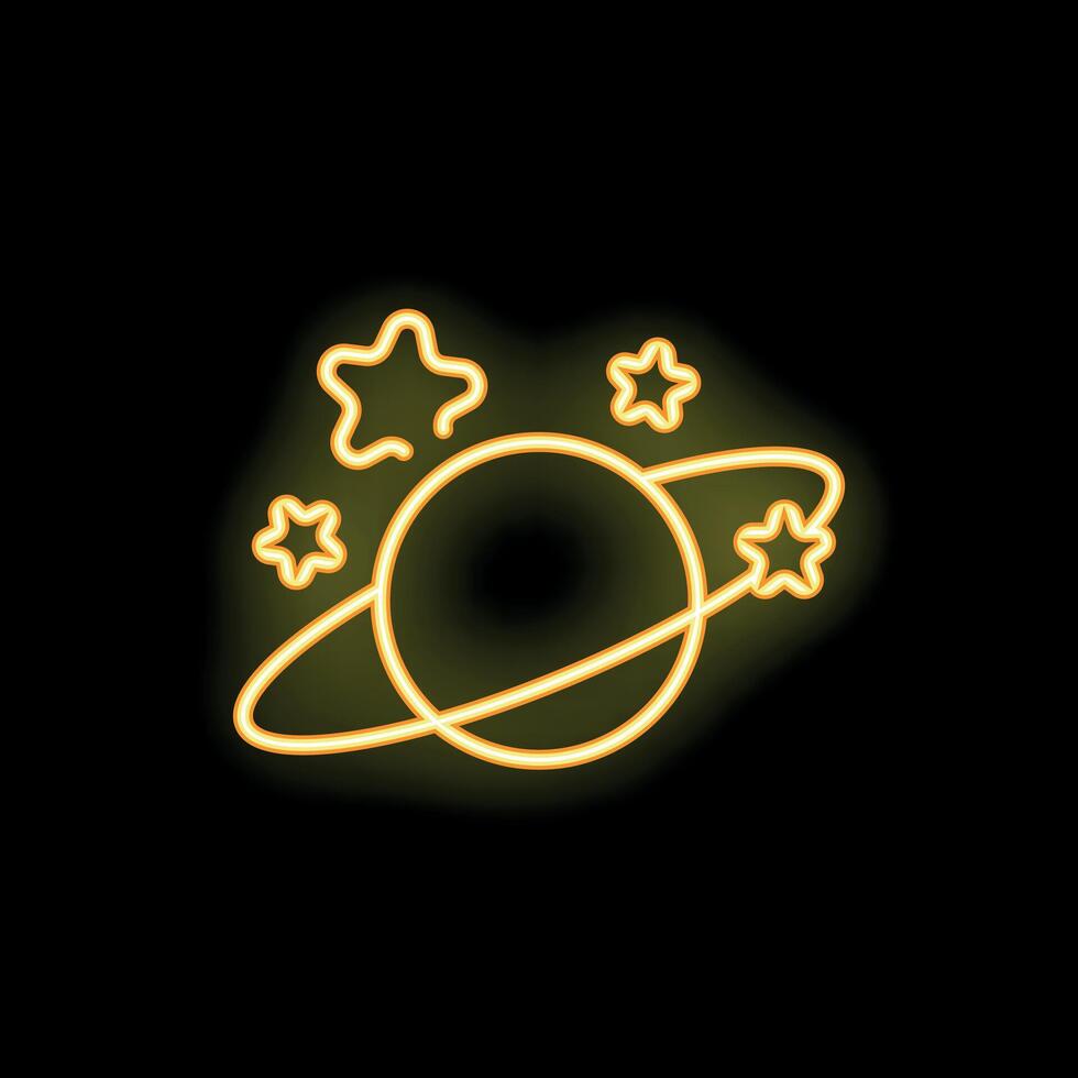 Neon yellow planet surrounded by stars and orbiting ring vector
