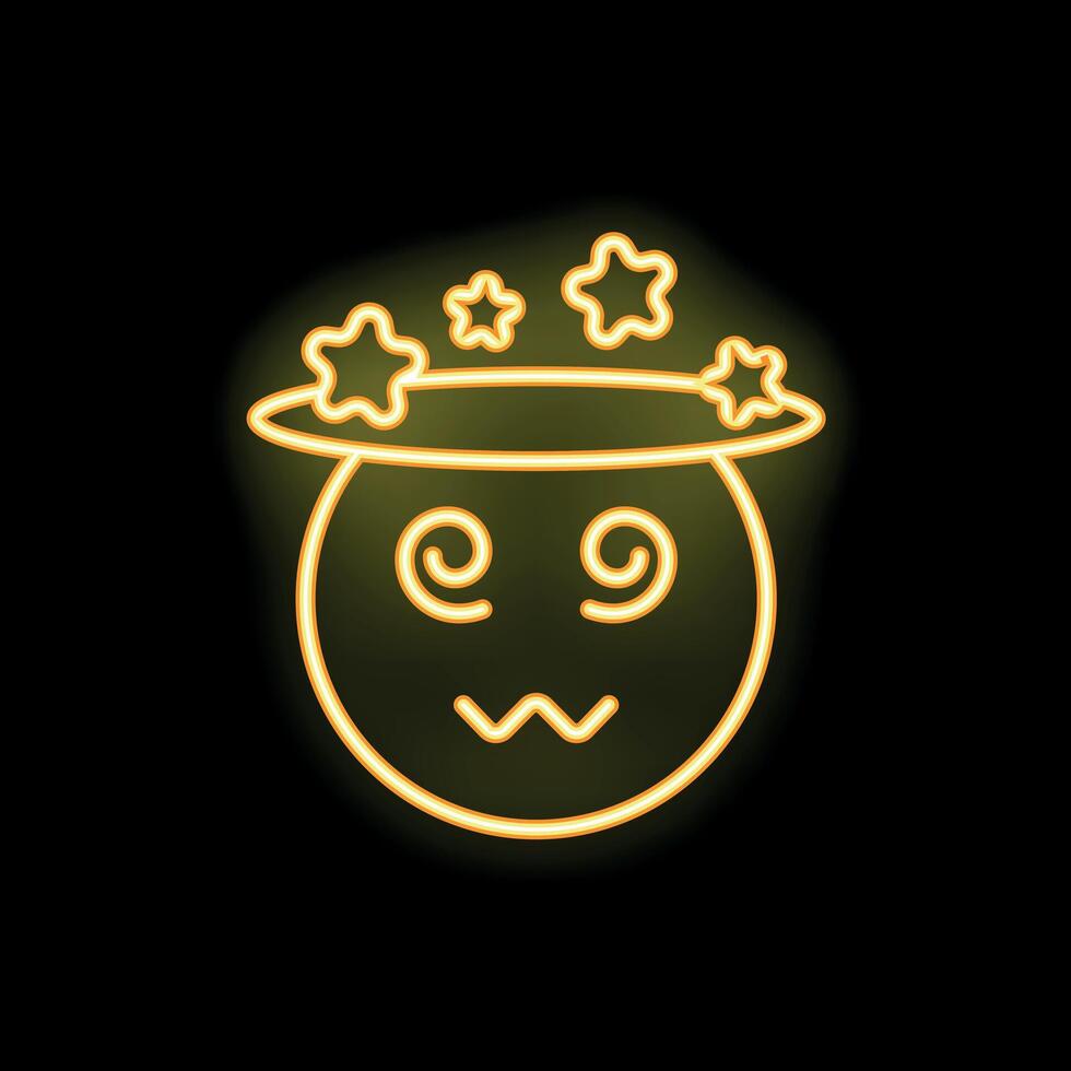 Neon yellow emoji feeling dizzy with stars spinning around head vector