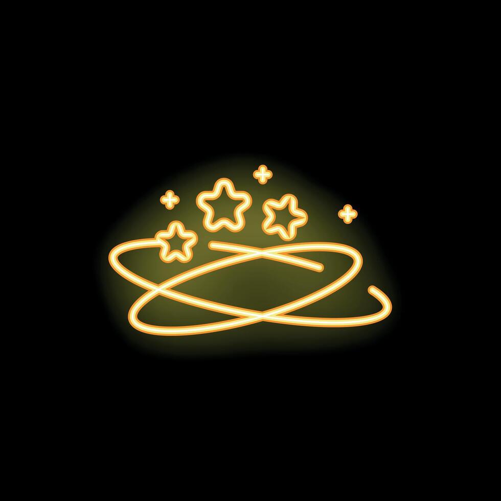Neon yellow galaxy icon with stars orbiting around center on black background vector