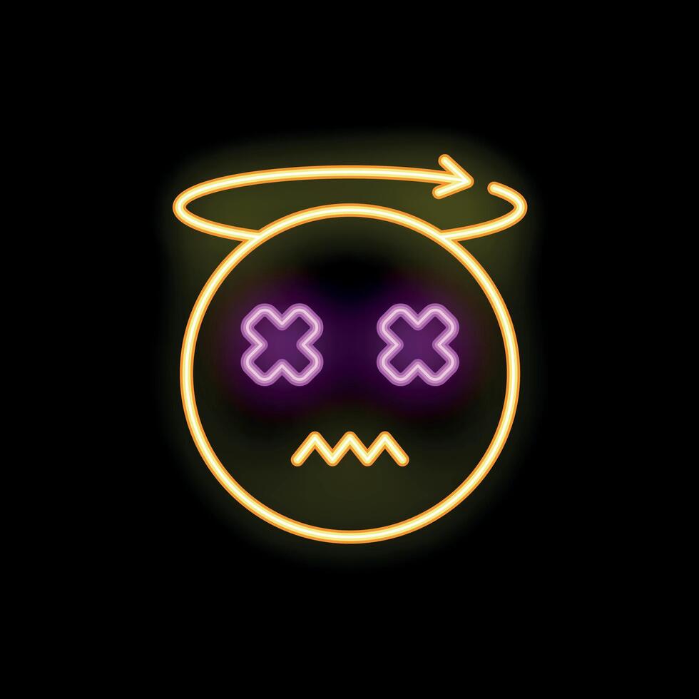 Neon emoticon feeling dizzy with halo and crosses over eyes vector