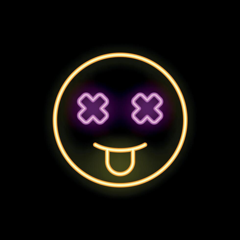 Neon emoticon sticking out its tongue with crosses for eyes vector
