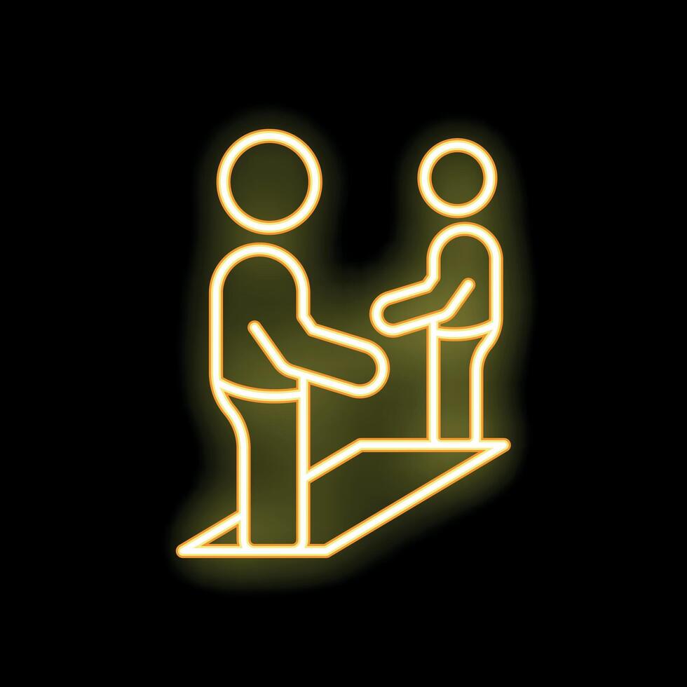 Two businessmen shaking hands on a growing chart in yellow neon style vector