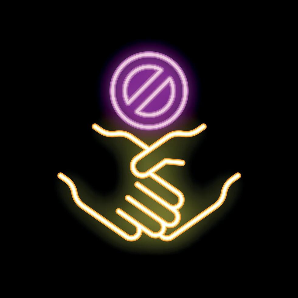Two hands shaking under neon stop sign vector