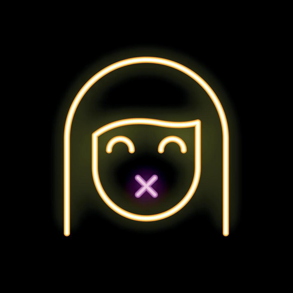 Neon sign representing a woman keeping a secret with tape over her mouth vector