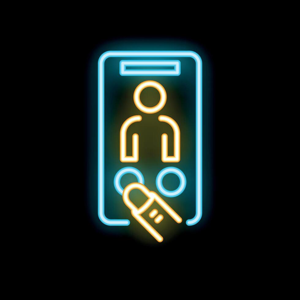 Neon sign of finger pressing button on smartphone for online voting app vector