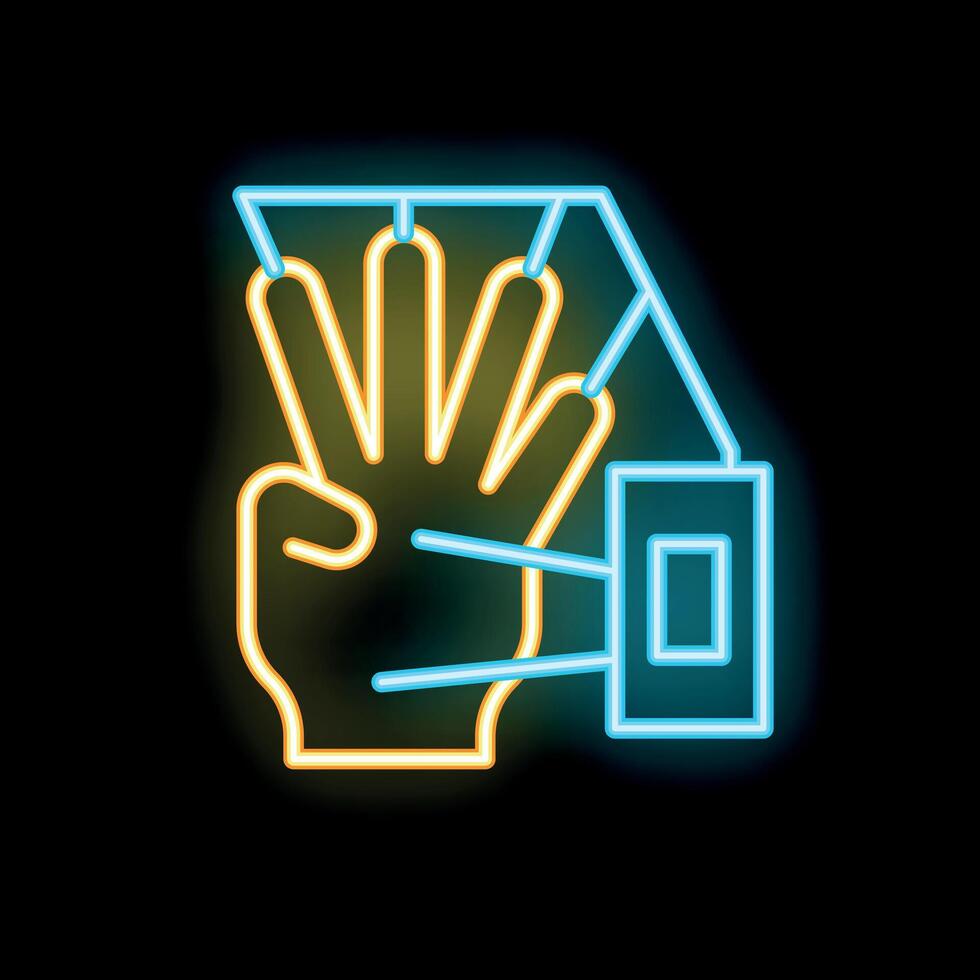 Glowing neon icon of hand using biometric scanner for security access vector