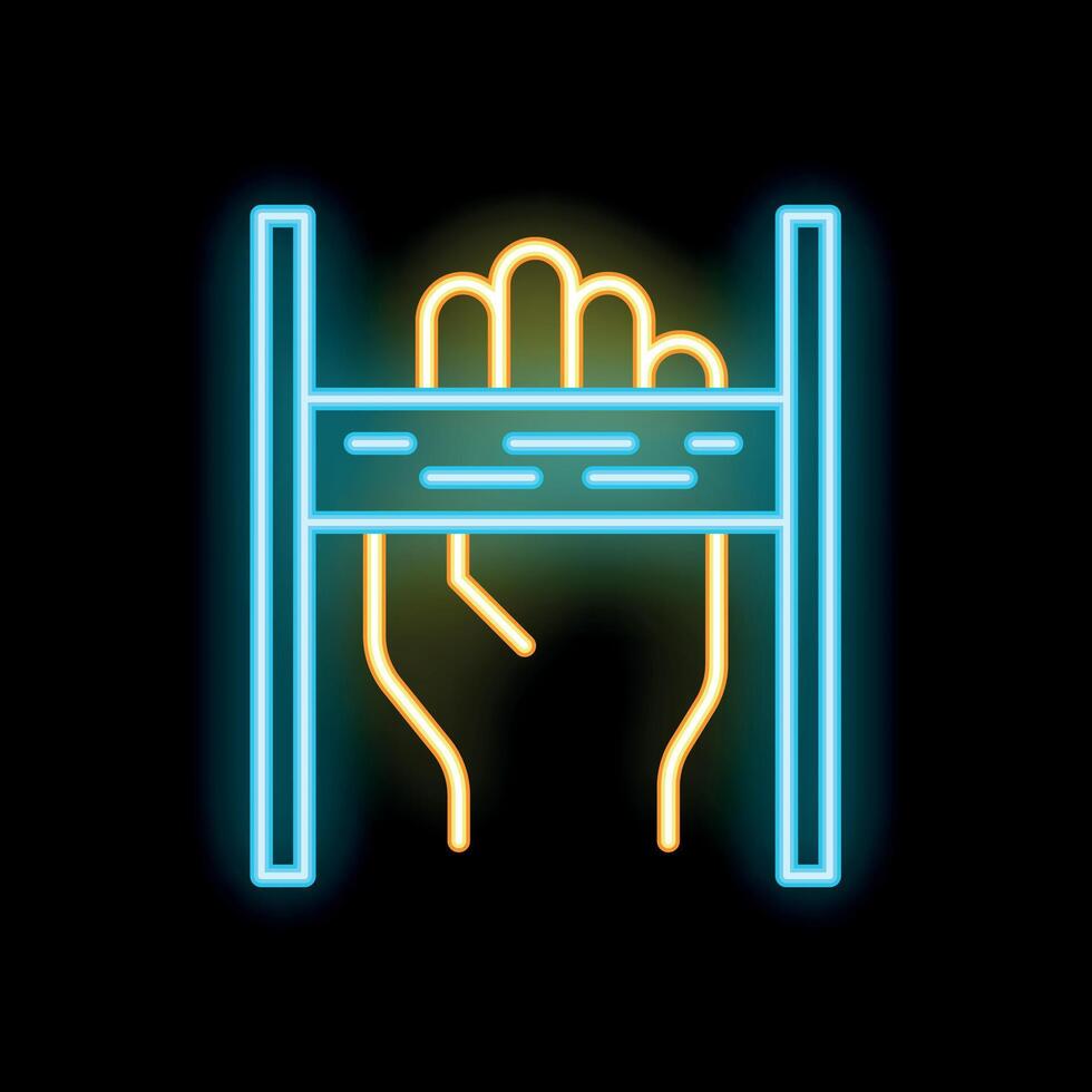 Neon icon illustrating a hand gripping a horizontal bar with glowing lines on black background vector