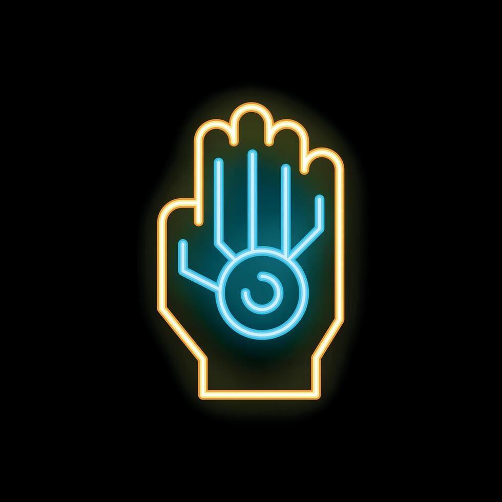 Neon icon of human hand with eye in center symbolizing clairvoyance vector
