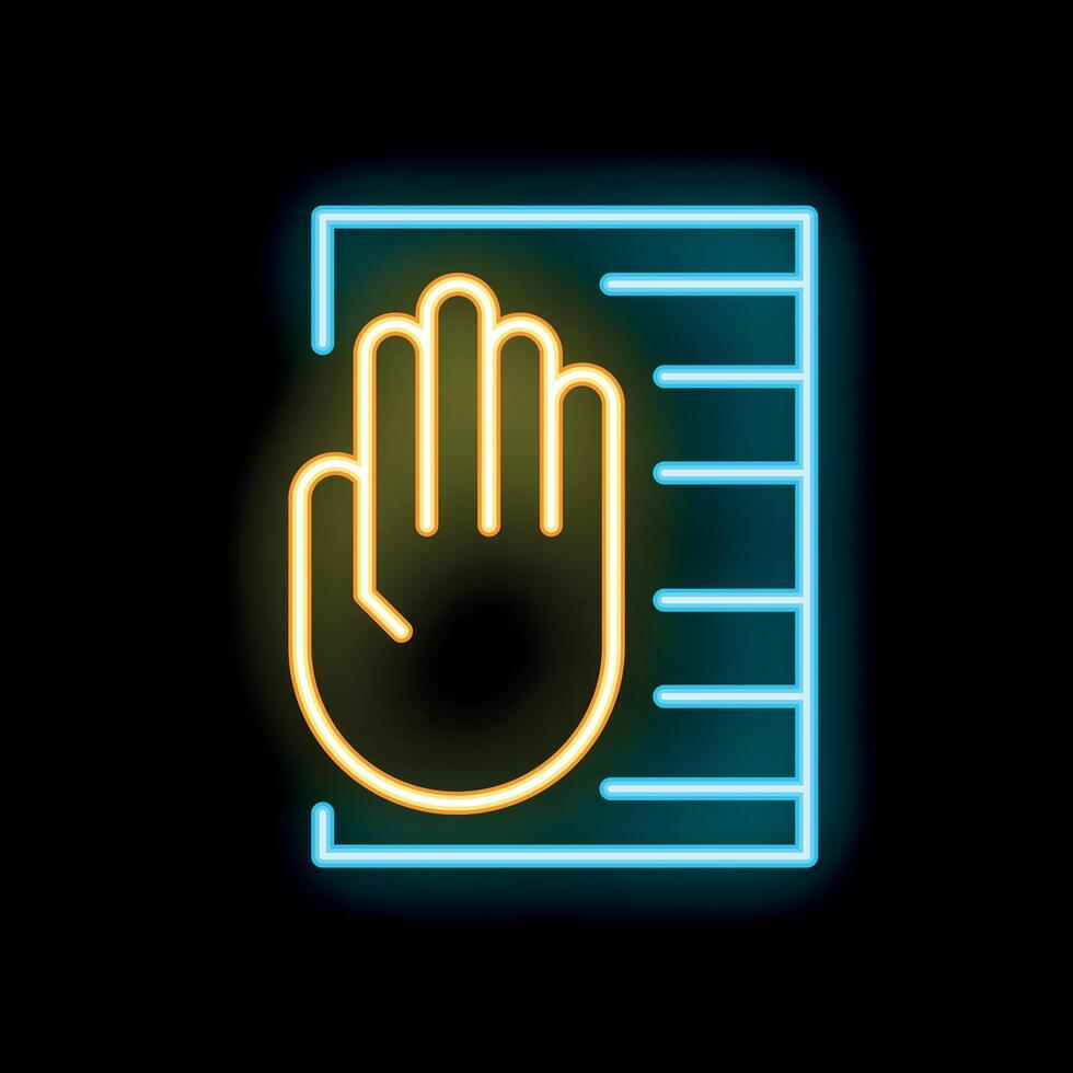 Neon icon of a hand on bathroom scales, representing weight management and healthy living vector