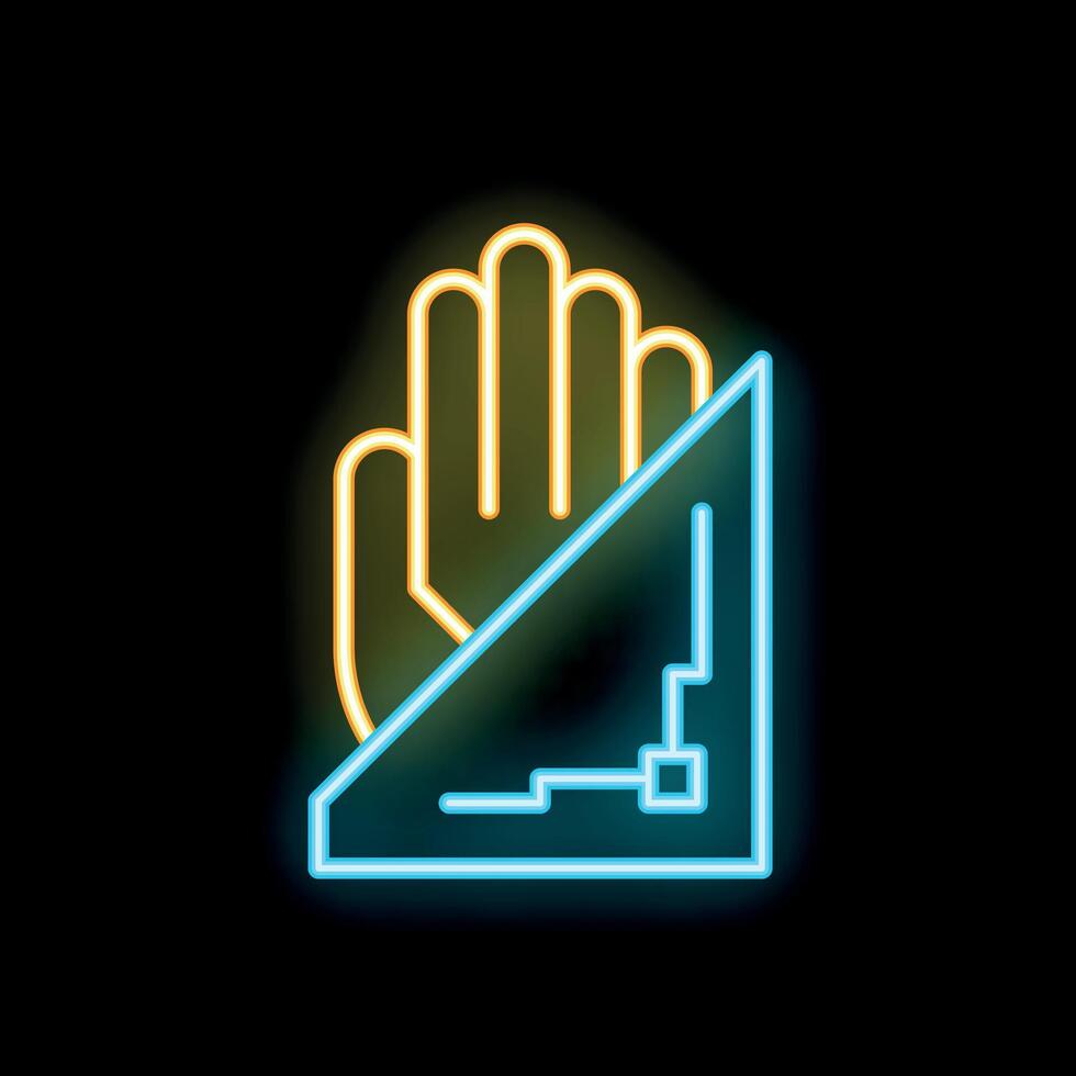 Neon icon of hand scanning with triangle scanner on black background vector