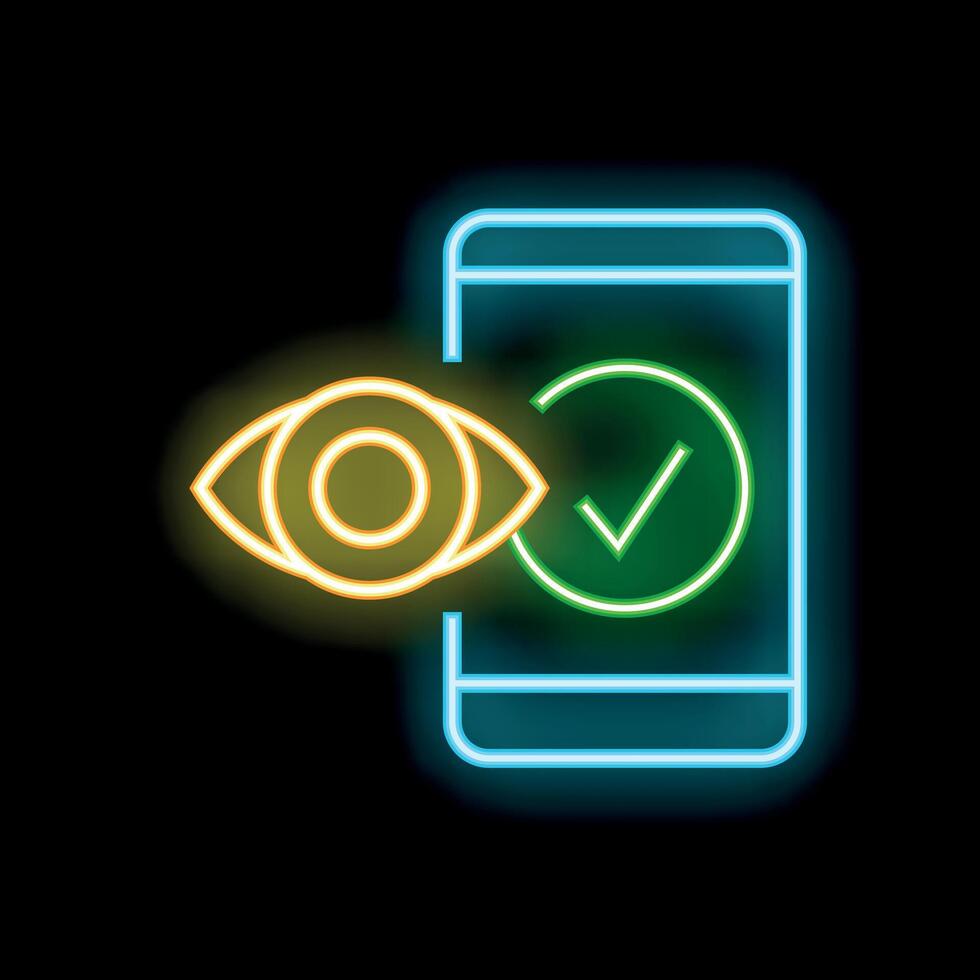 Neon icon of eye watching smartphone with check mark approving vector