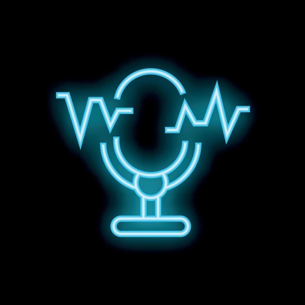 Neon microphone icon glowing with sound wave vibrations vector