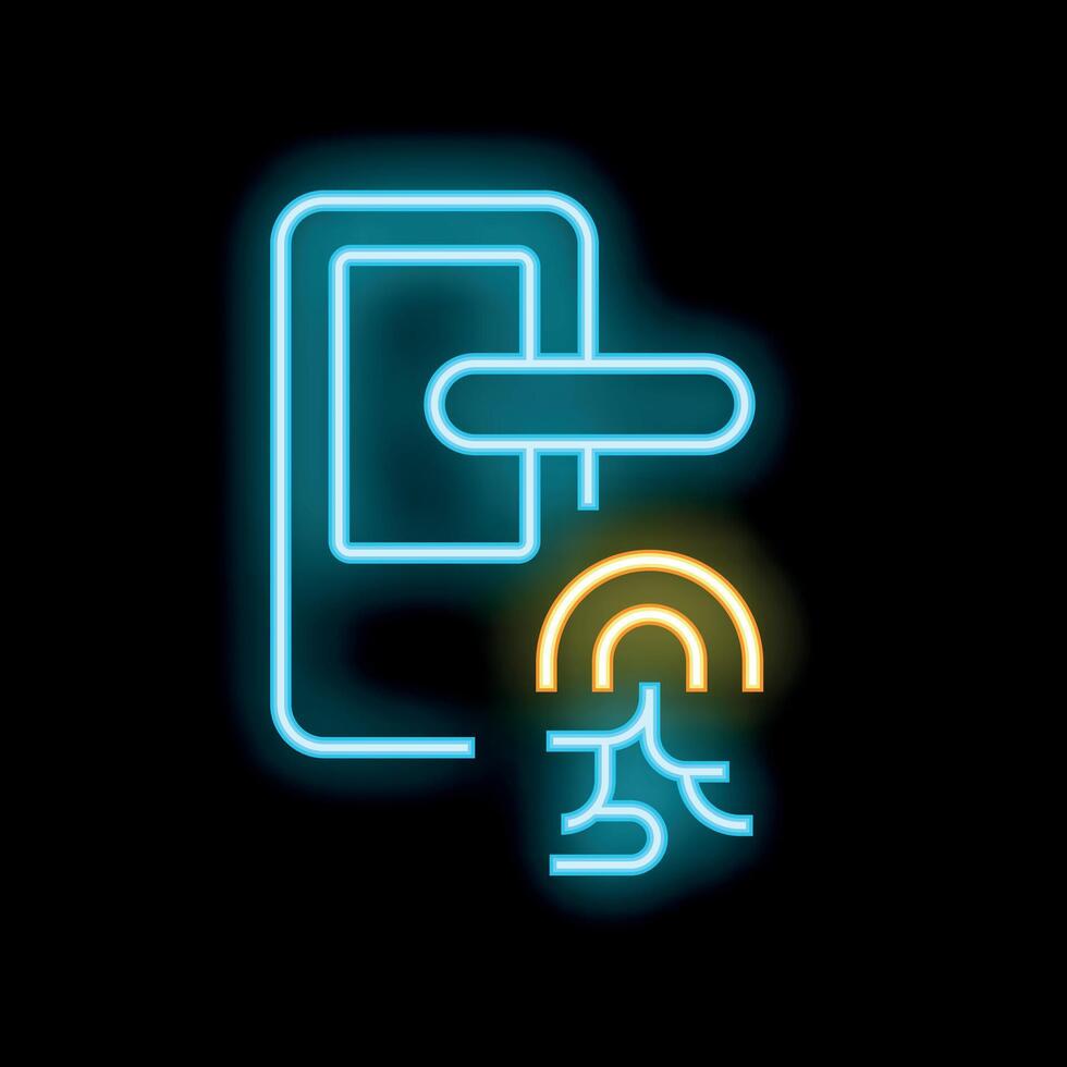 Neon smart door handle system glowing on black background vector