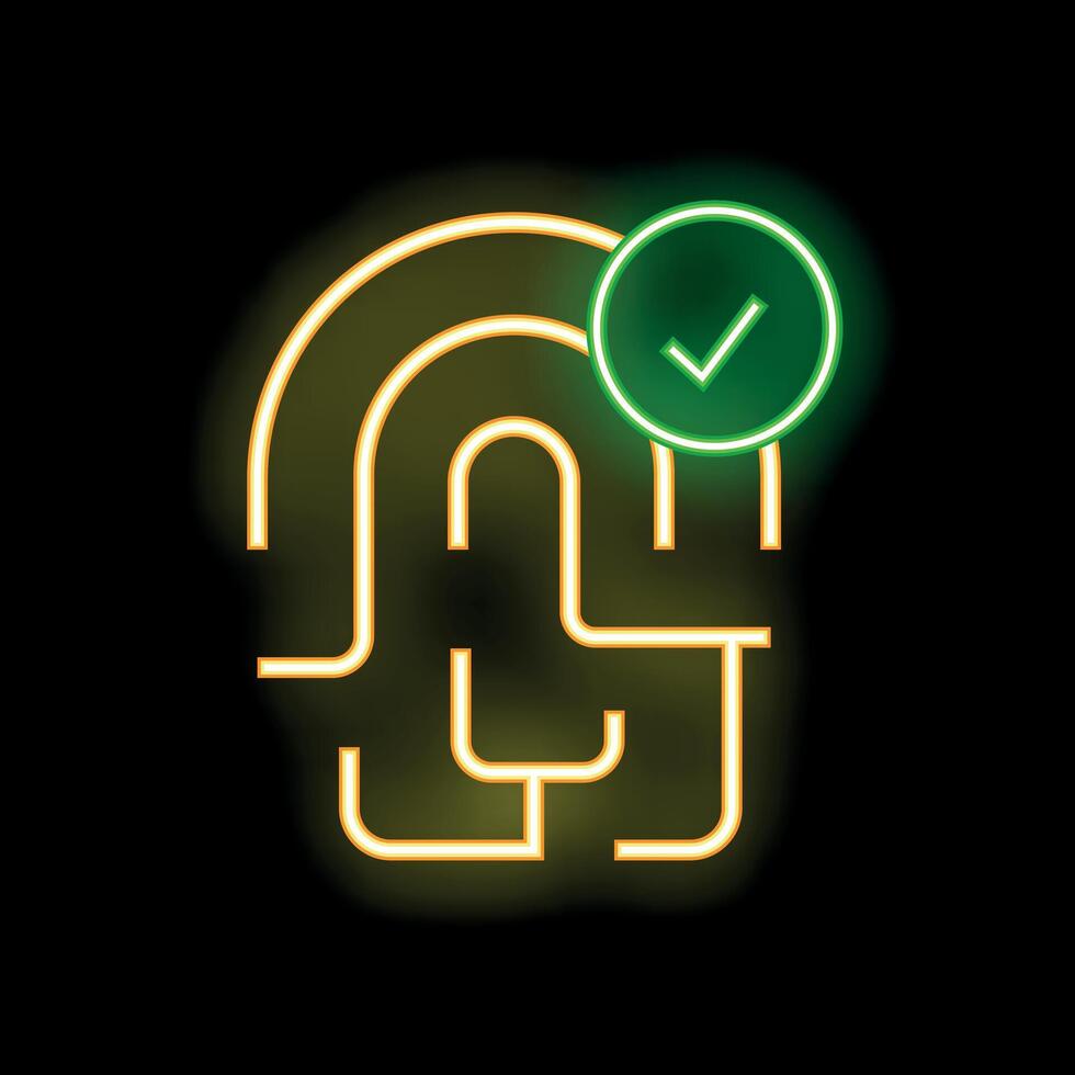 Neon fingerprint with check mark symbolising secure access and verification vector