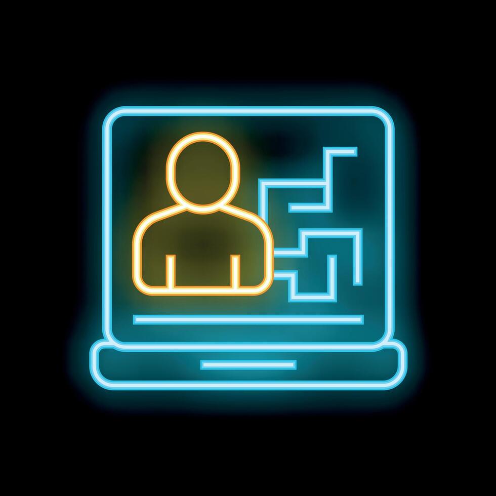 Neon icon of person planning strategy on laptop with maze symbol vector